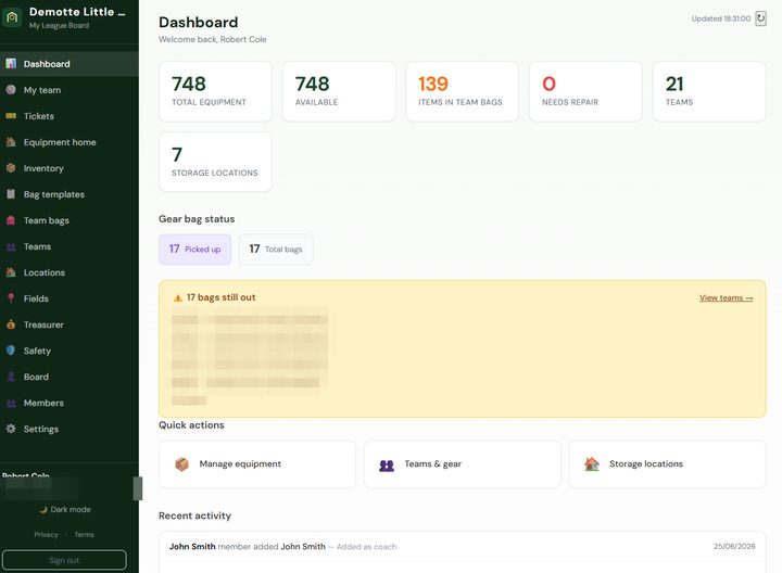 My League Board dashboard